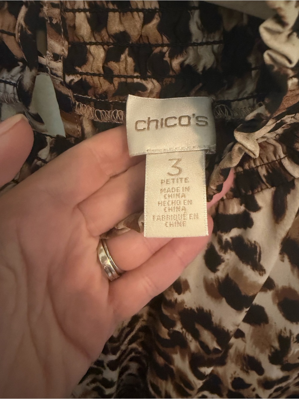 Chico's Leopard Print Smocked Mock Neck Blouse - Brown/Tan/Black - Picture 2 of 4